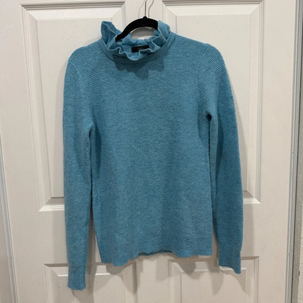 J. Crew Blue Alpaca Blend‎ Ruffle Mock Neck Textured Knit Sweater Small